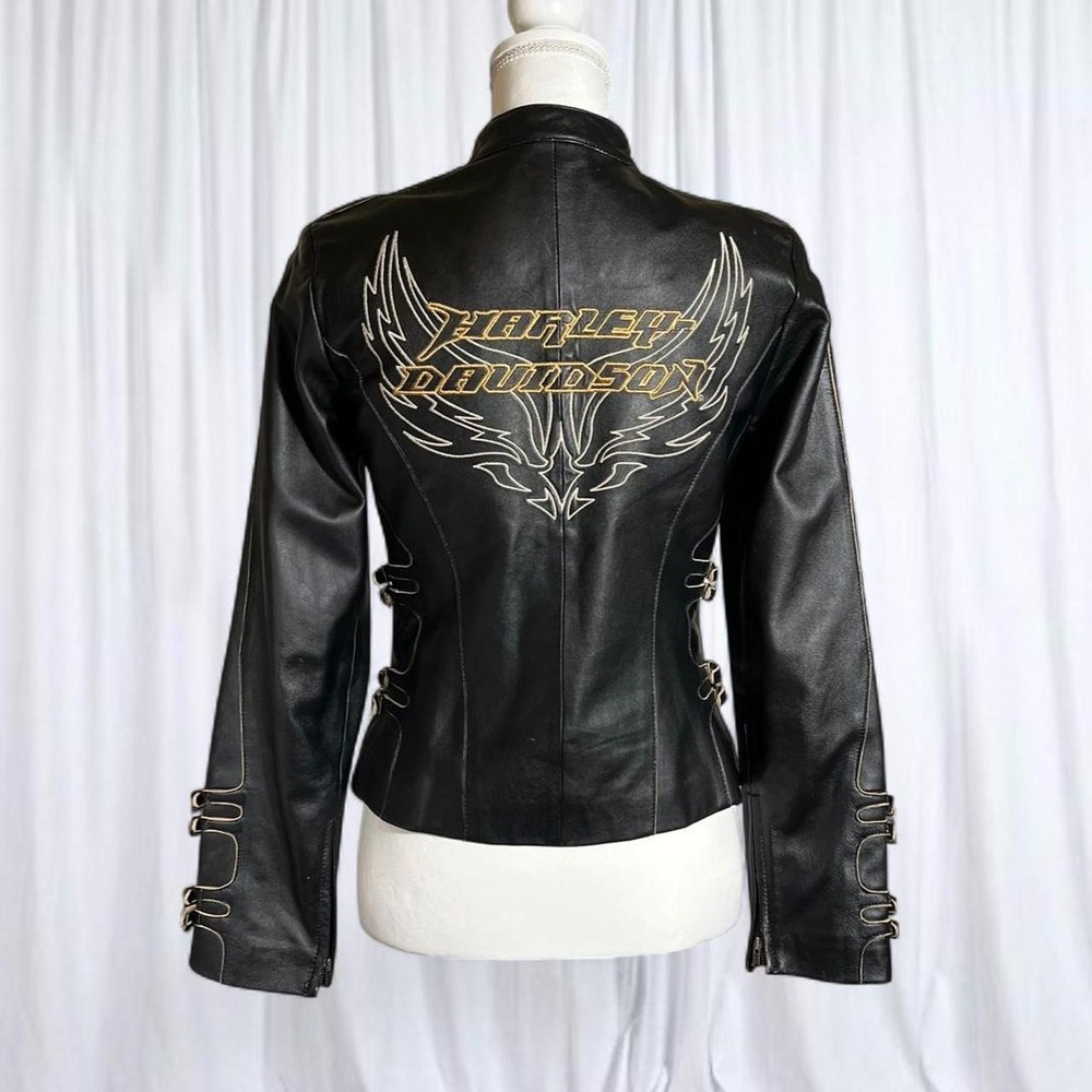 Harley Davidson Black Leather Moto Jacket Wings Logo Embroidery Biker Women's XS